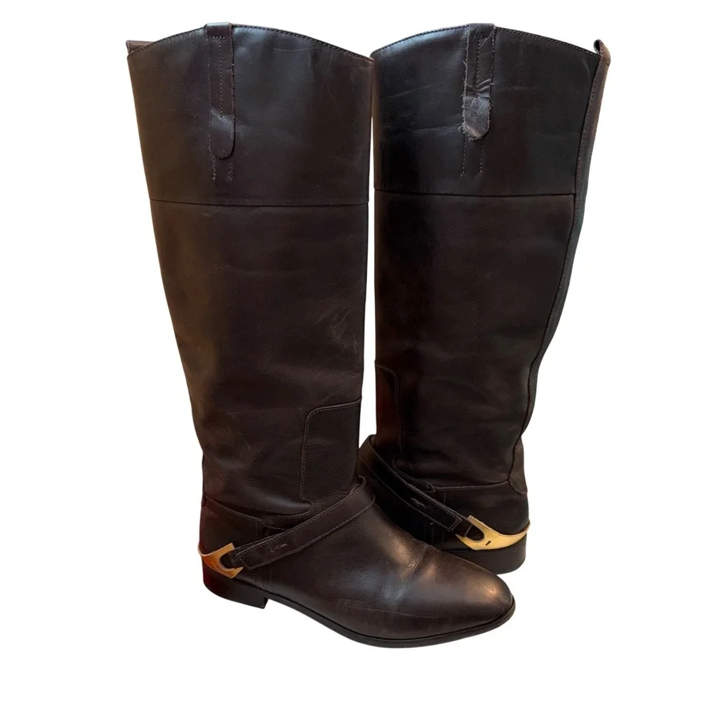 Brown Knee-High Leather‎ Riding Boots Side Strap Gold Buckle Accent Women's Sz 9